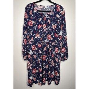 Old Navy Womens Swing Dress Sz L Navy Floral Long Sleeve Keyhole Flowy Causal